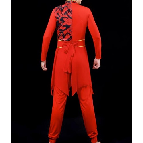 Men's red chinese dragon folk dance costume waist drum gong festival lion dance wushu chinese kung fu stage performance clothes for male